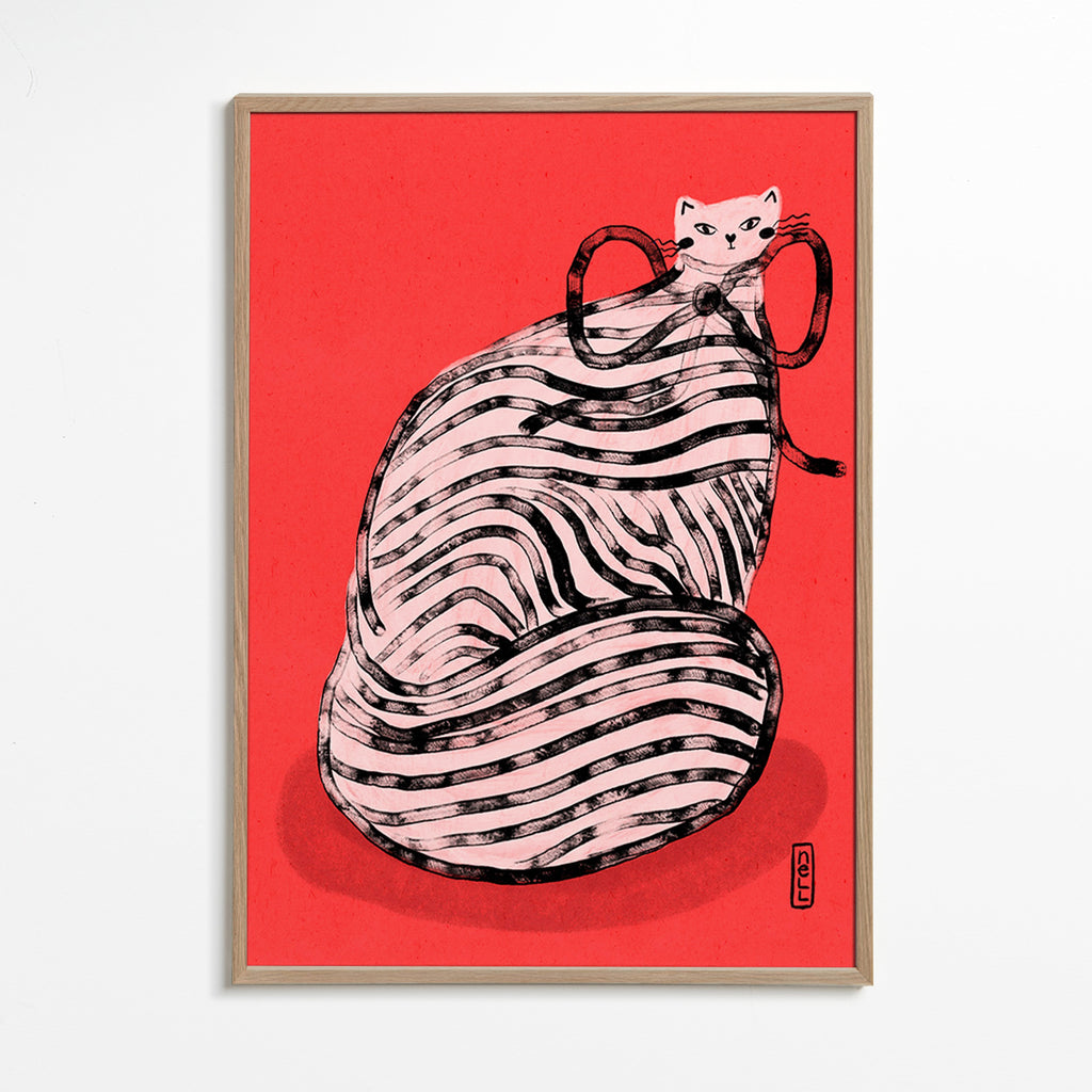 Cuadro gato rayado con toque gráfico – Oak Frame