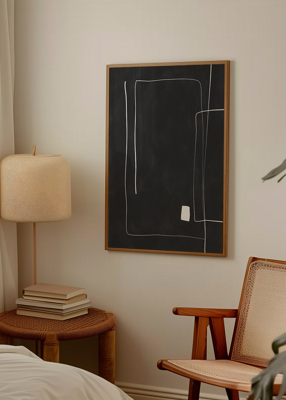 Cuadro minimalista de líneas blancas sobre fondo negro – Product1