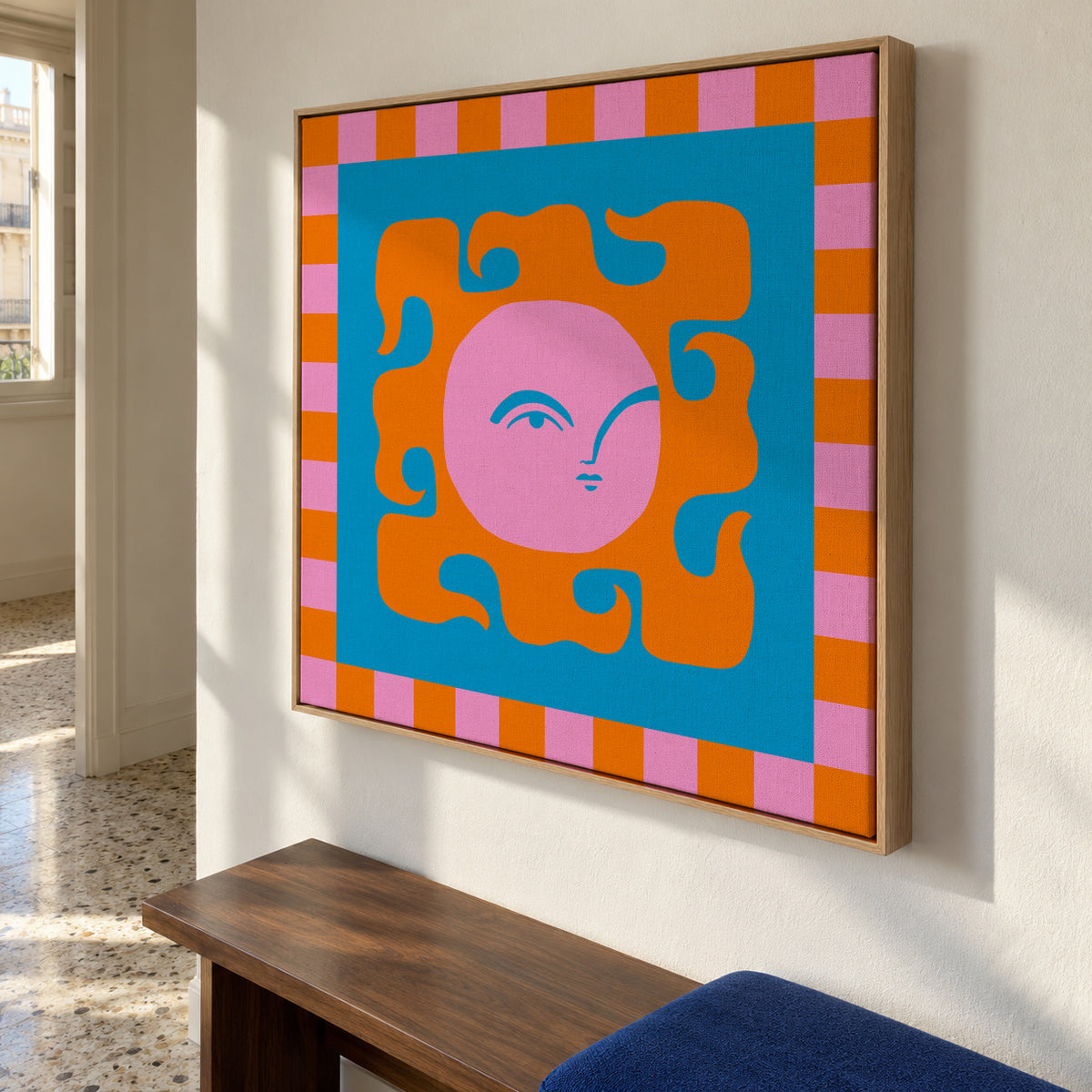 Sun Playful Gaze - Framed canvas in an interior