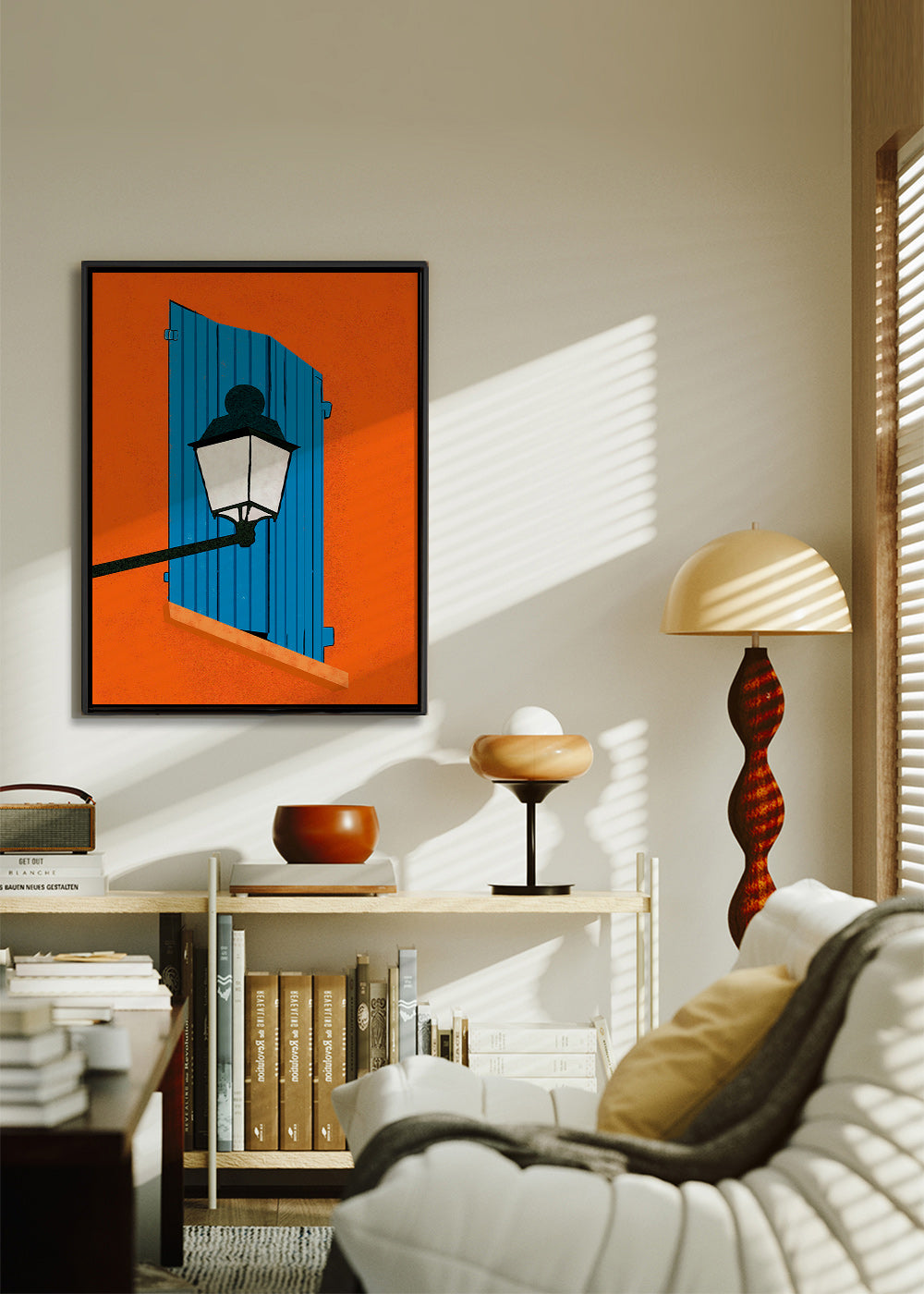 Ilustración de ventana y farol en persiana azul – Canvas2