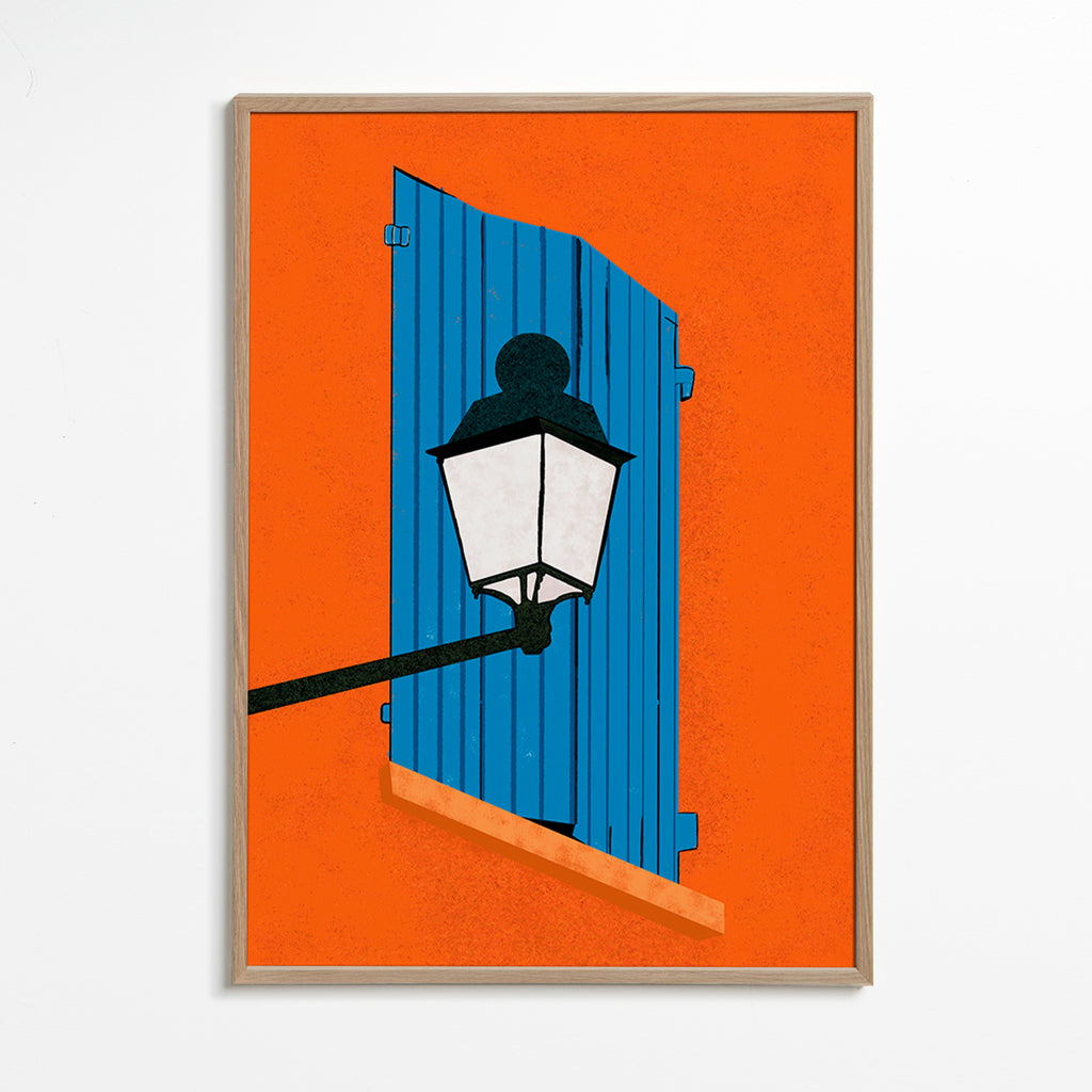 Ilustración de ventana y farol en persiana azul – Oak Frame