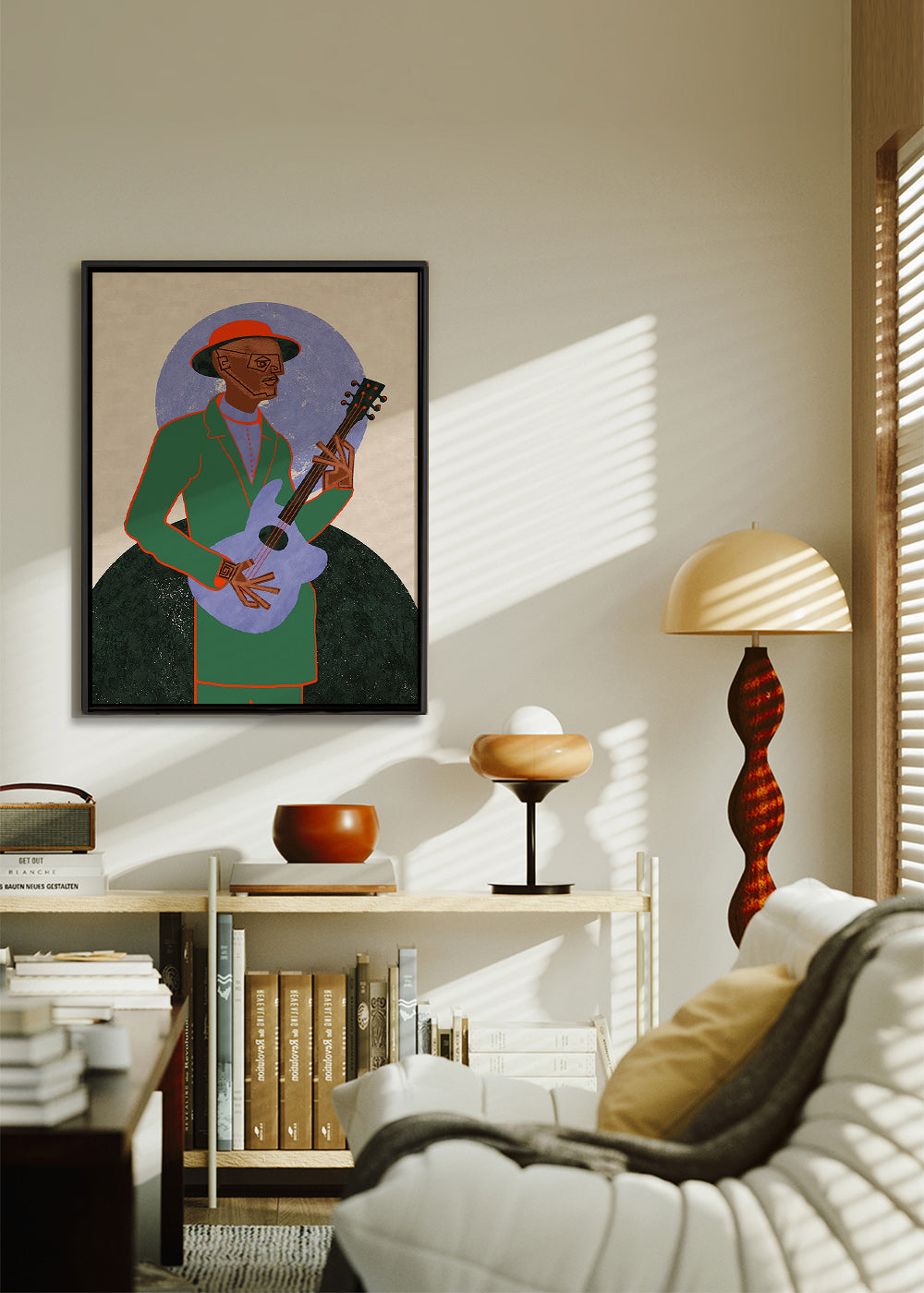 Ilustración músico con guitarra y halo geométrico – Canvas1