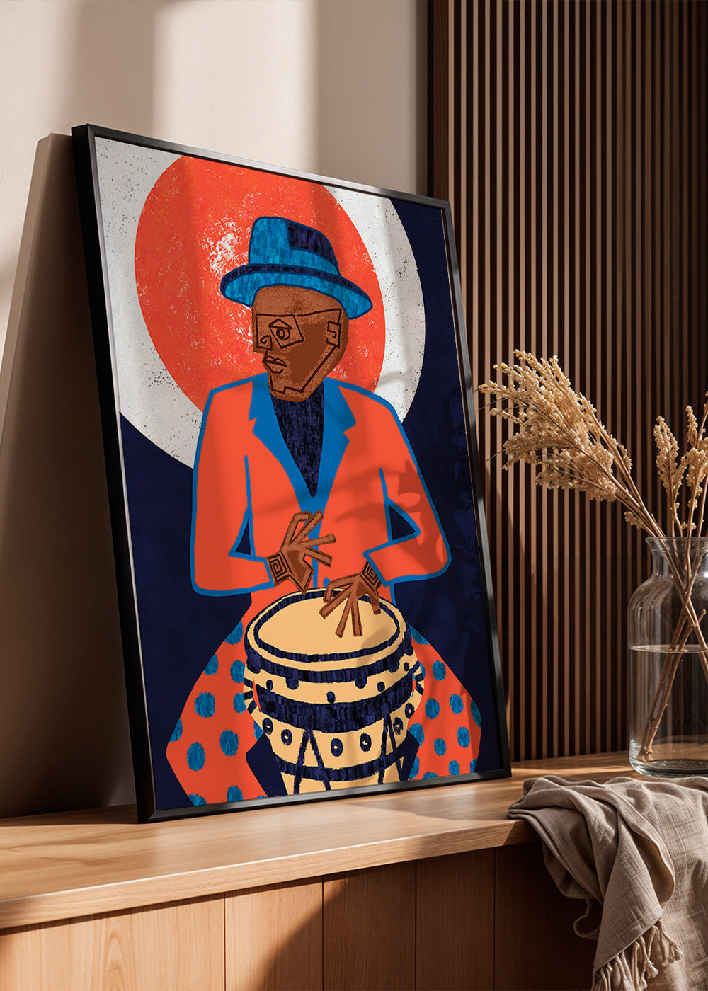 Ilustración músico con tambor en colores vivos – Product1