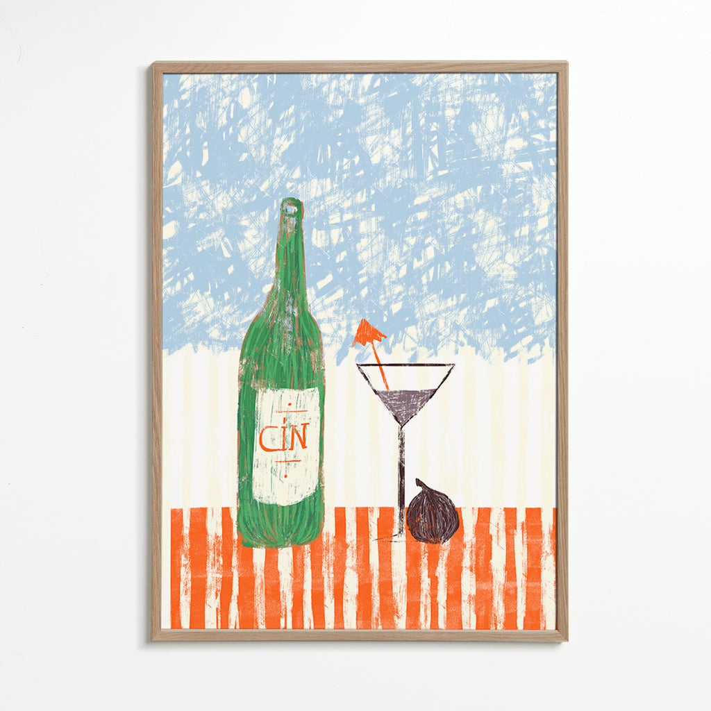 Cuadro de cocina con botella de ginebra ilustrada – Oak Frame