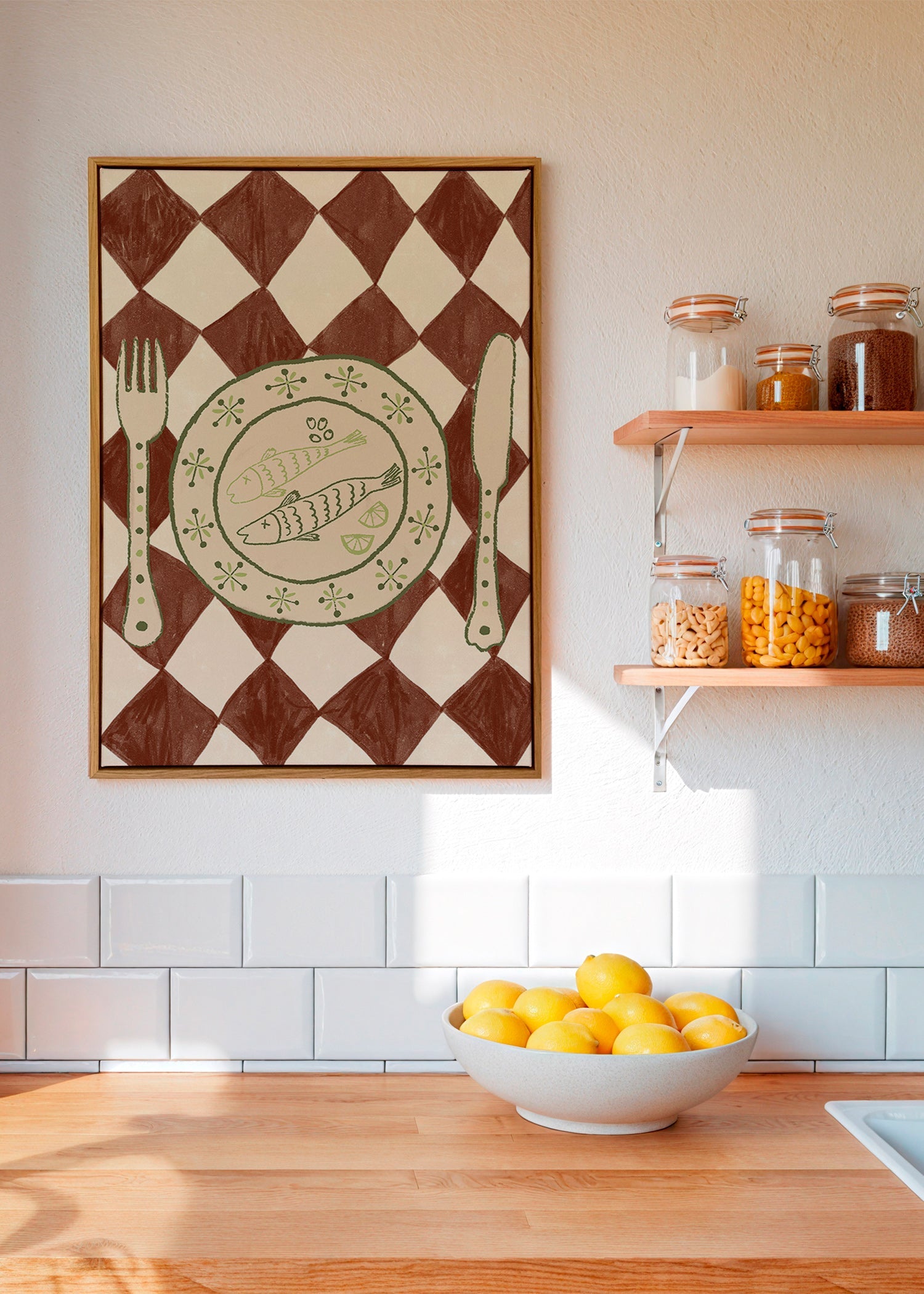 Cuadro de cocina con plato de pescado y mantel de rombos – Canvas2