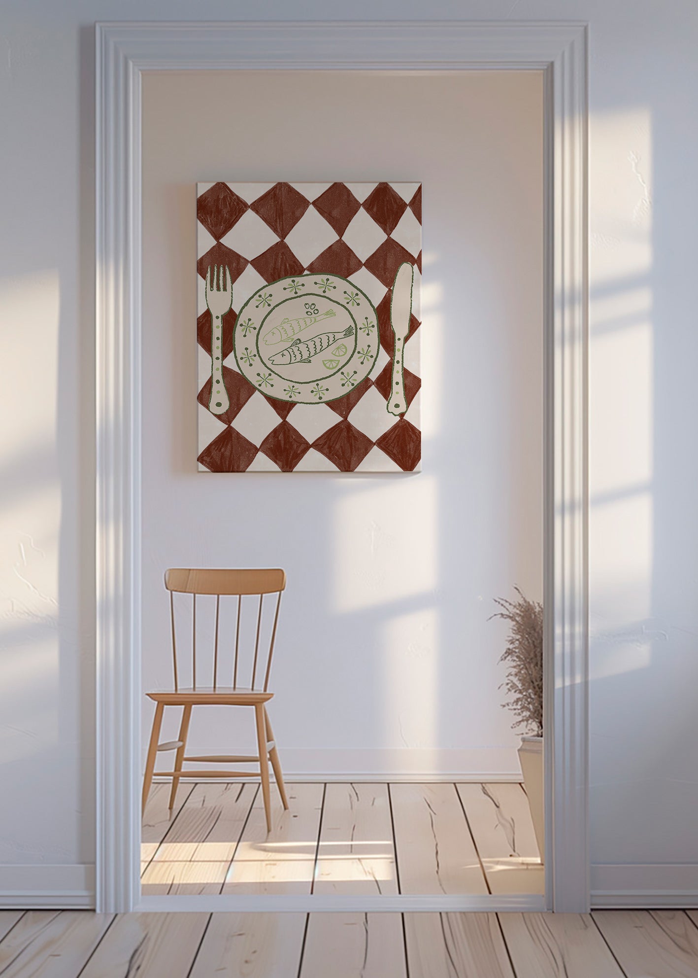 Cuadro de cocina con plato de pescado y mantel de rombos – Canvas