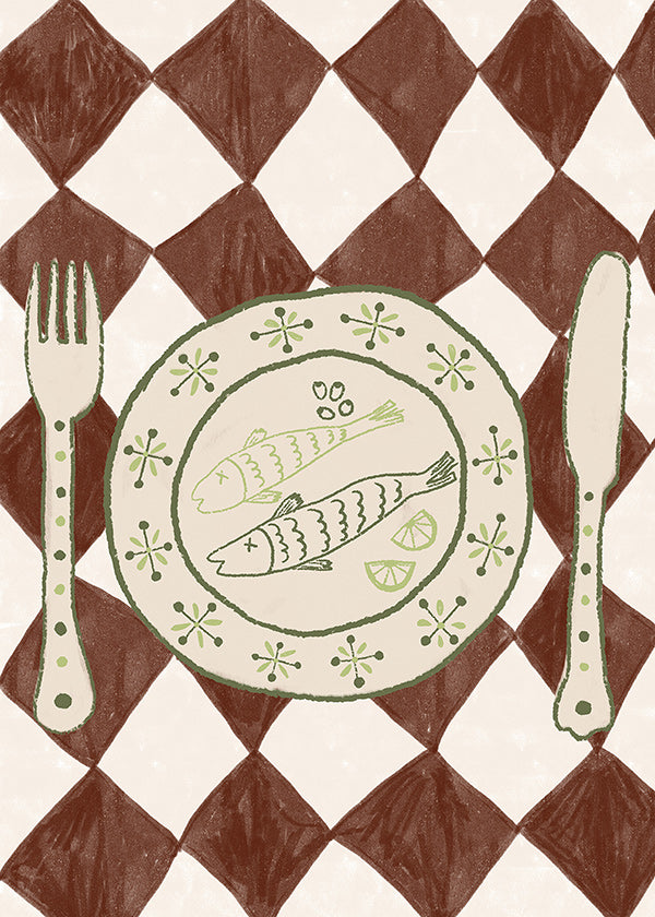 Cuadro de cocina con plato de pescado y mantel de rombos