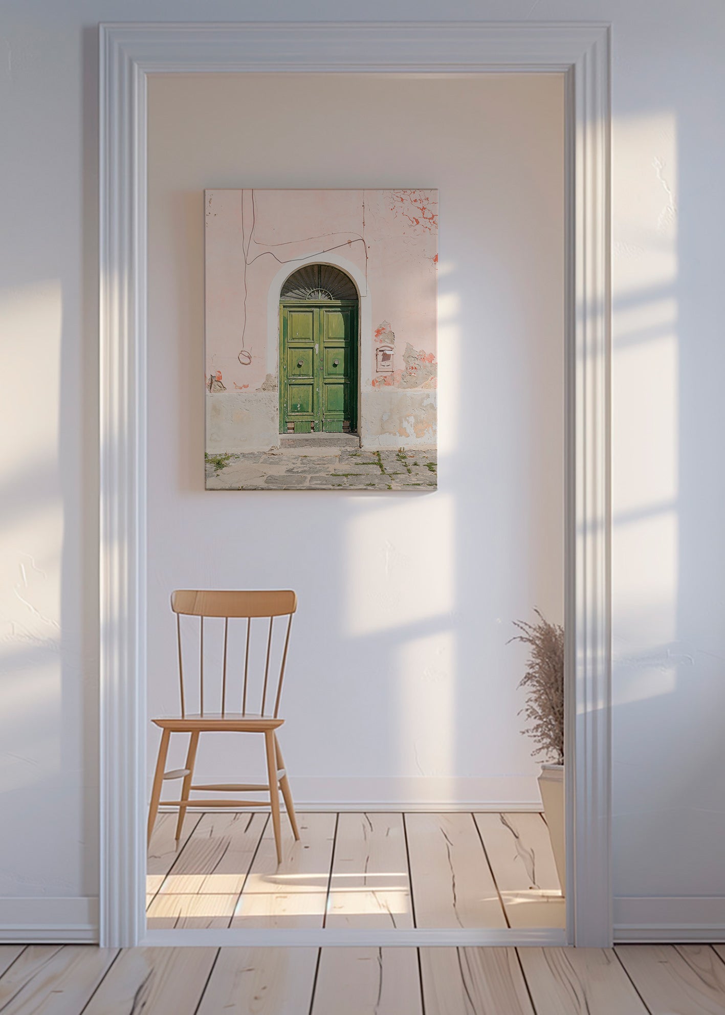 Cuadro de ciudades: puerta verde en fachada rosa – Canvas