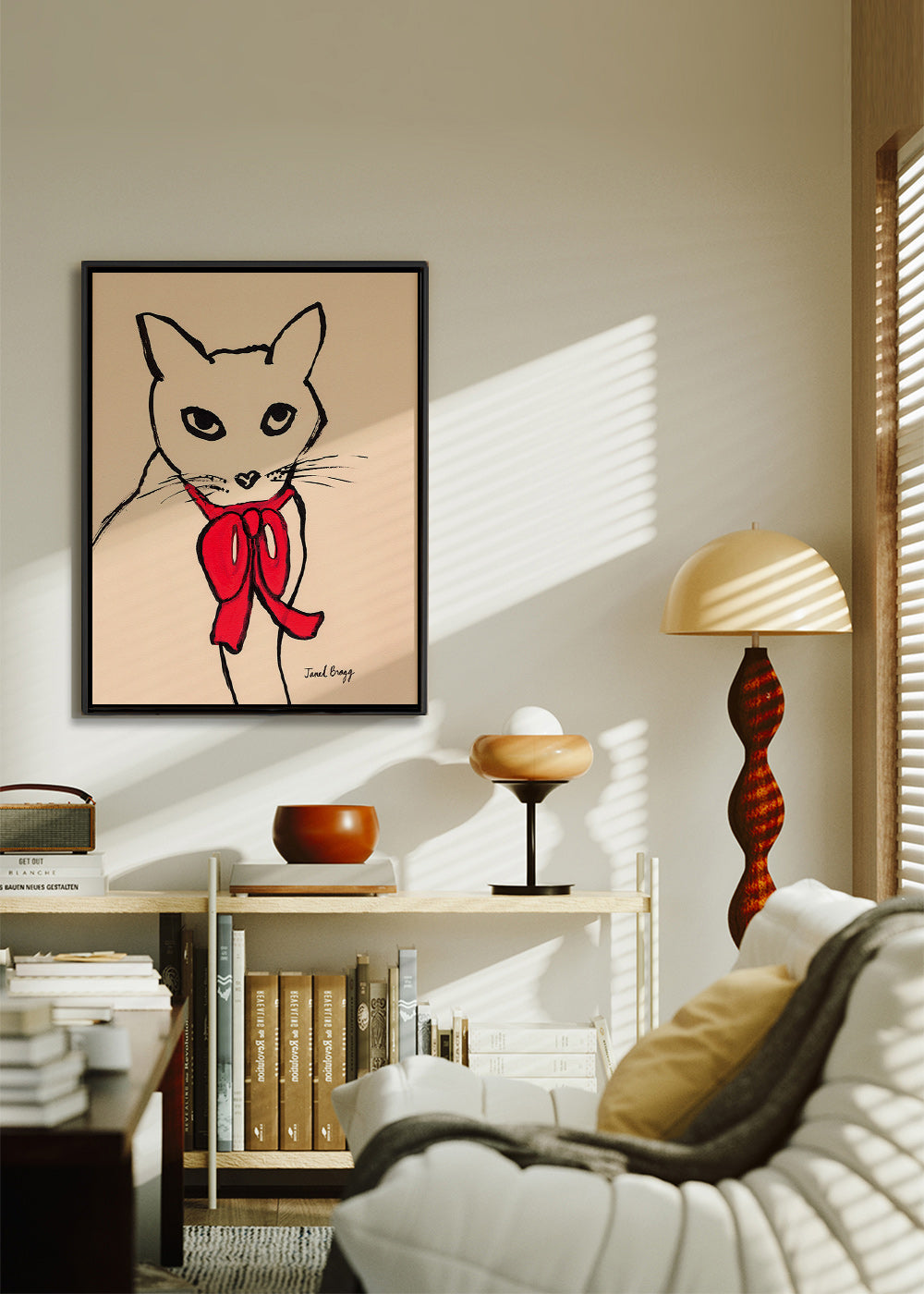 Cuadro gato con lazo rojo y trazo suelto – Canvas1