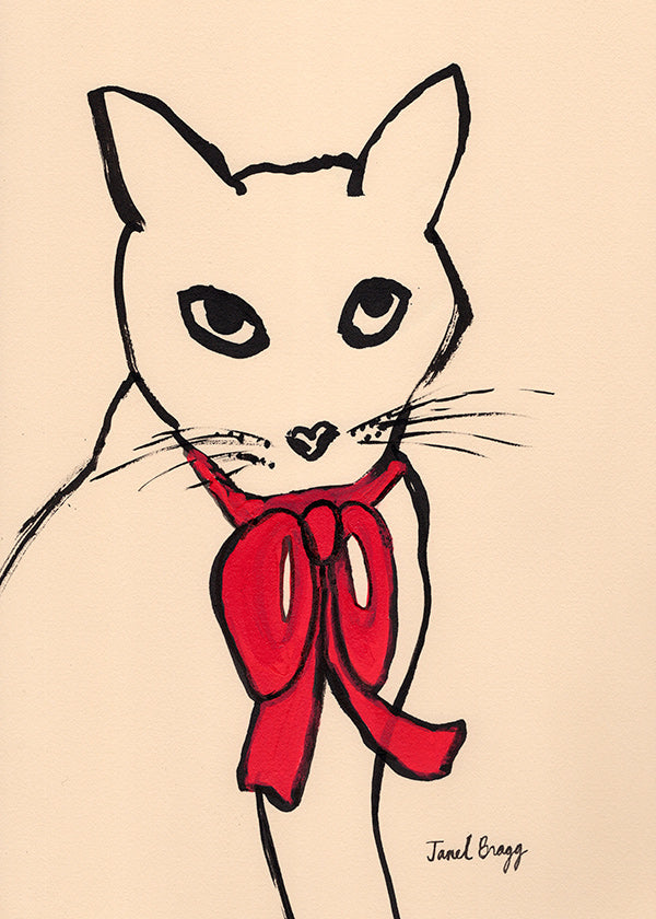 Cuadro gato con lazo rojo y trazo suelto