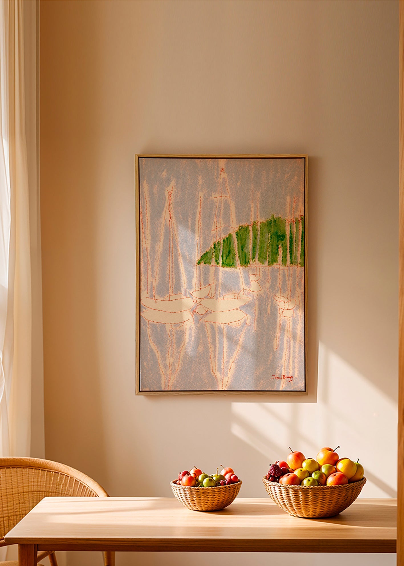 Cuadro de paisaje con veleros y colina verde – Canvas1