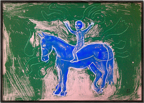 Cuadro caballo azul con jinete en fondo gestual – Black Frame