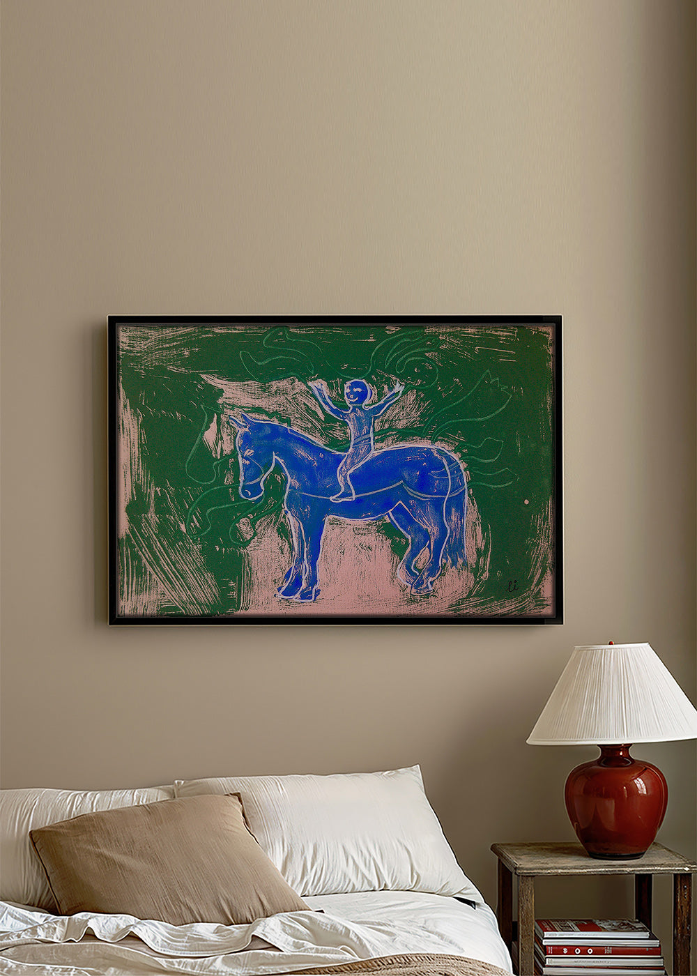 Cuadro caballo azul con jinete en fondo gestual – Canvas1