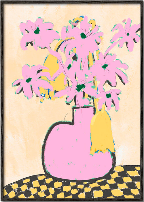 Lámina botánica con jarrón rosa y flores – Black Frame