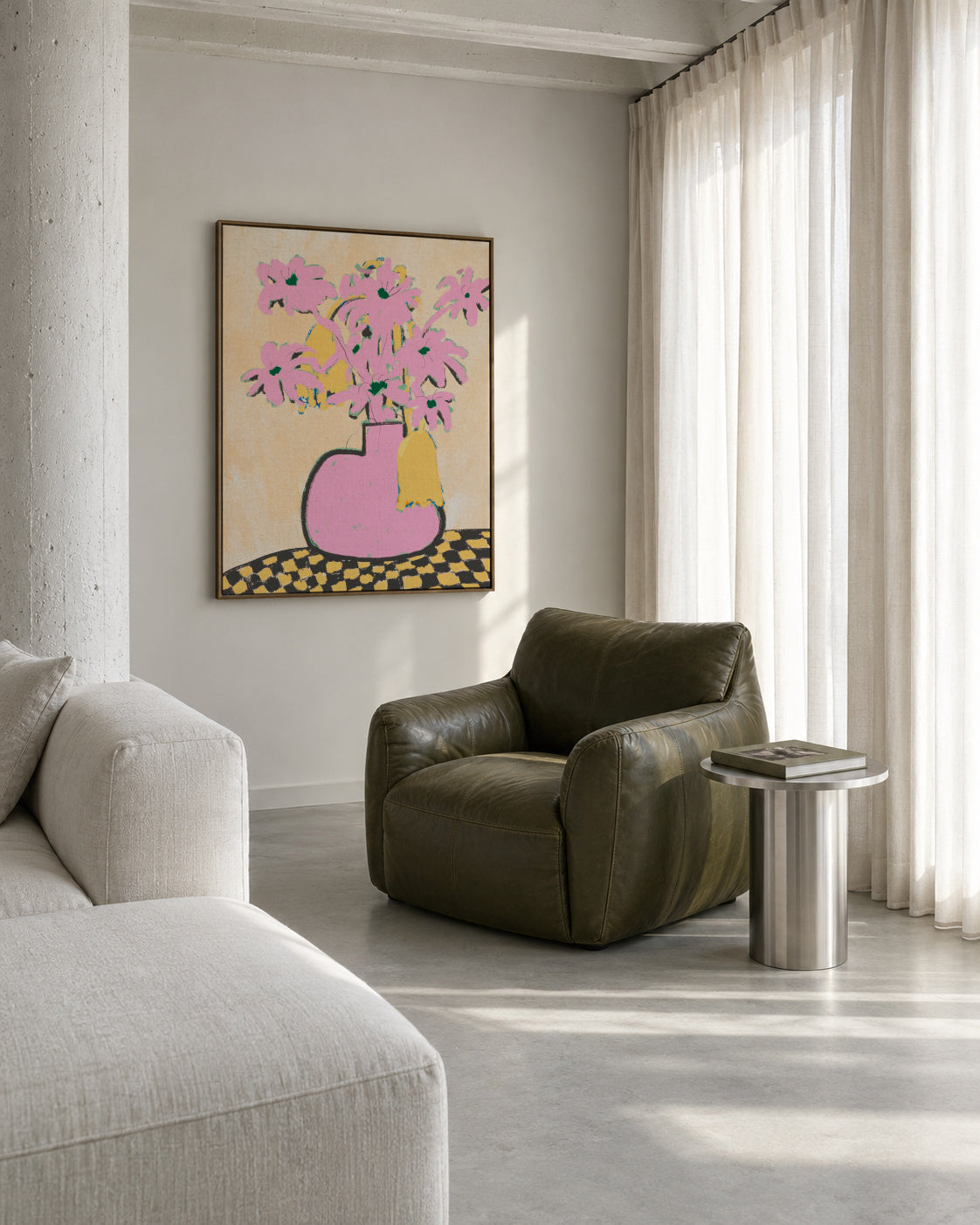 Pink Flowers In A Vase - Framed canvas in an interior