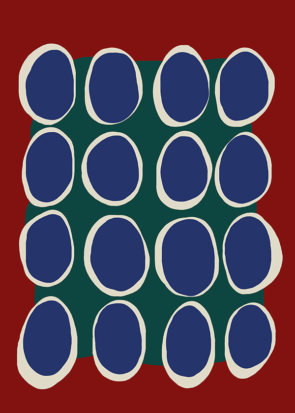 Cuadro geométrico con óvalos azules y bloque verde