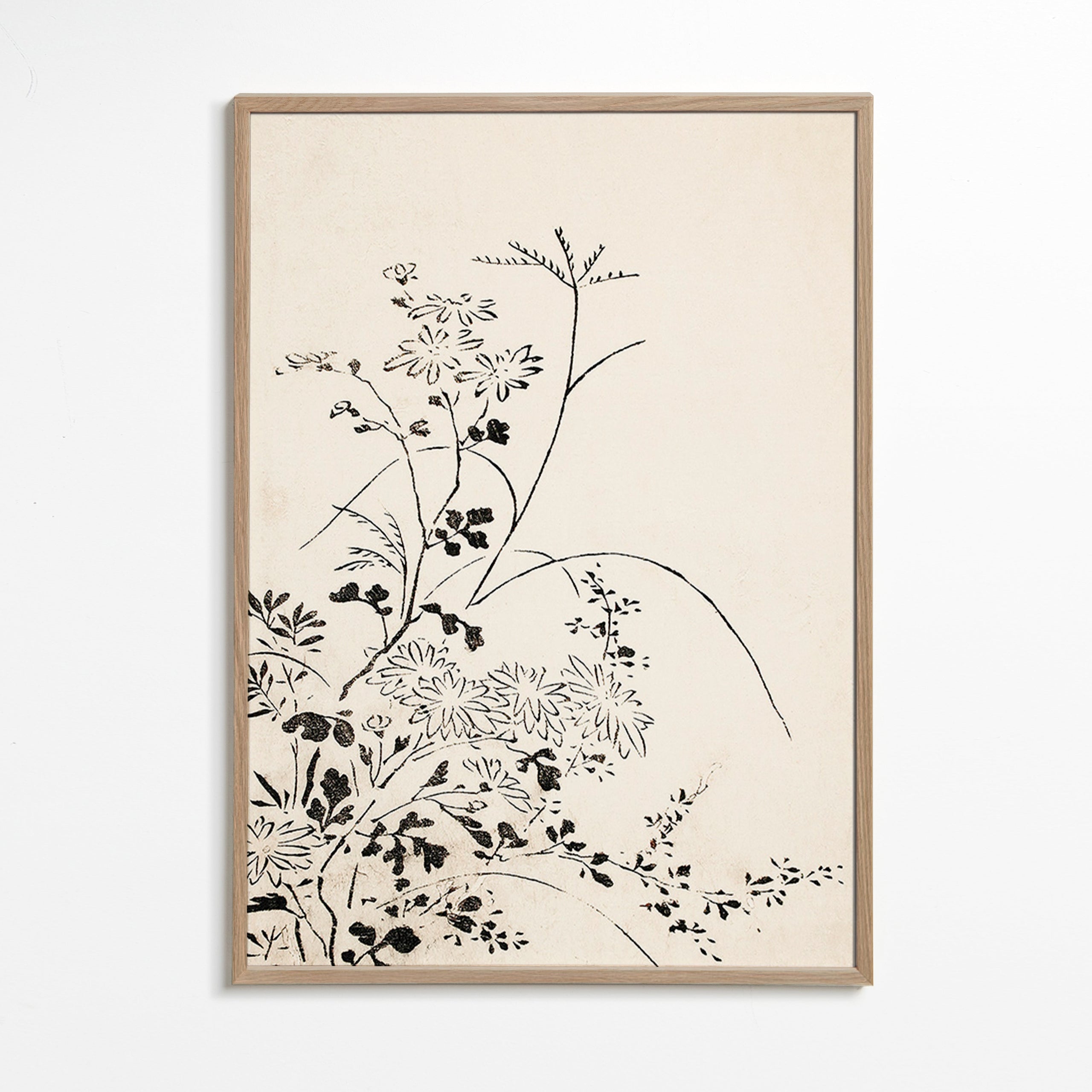Lámina botánica en tinta japonesa minimalista – Oak Frame