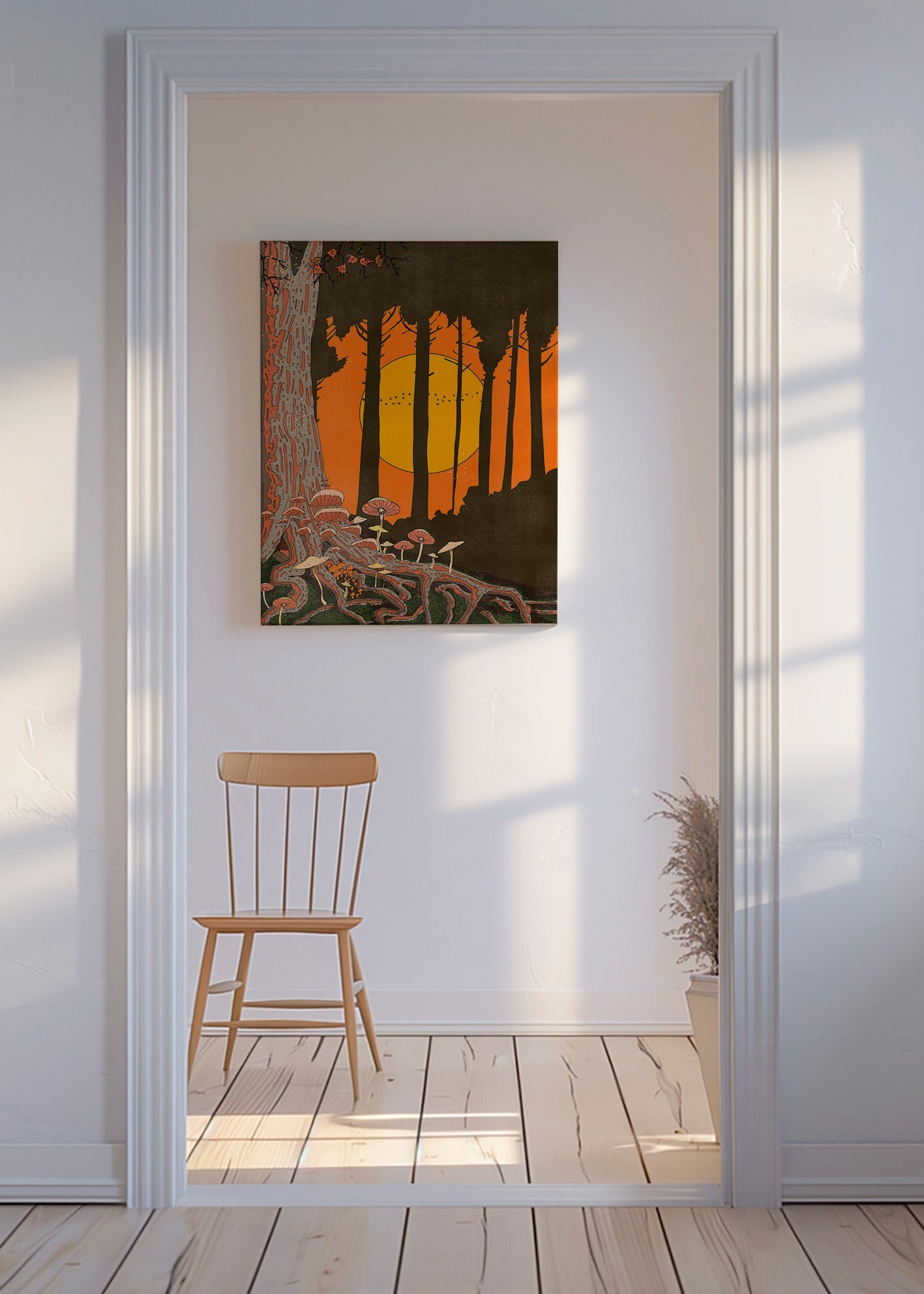 Ilustración de bosque al atardecer con hongos – Canvas