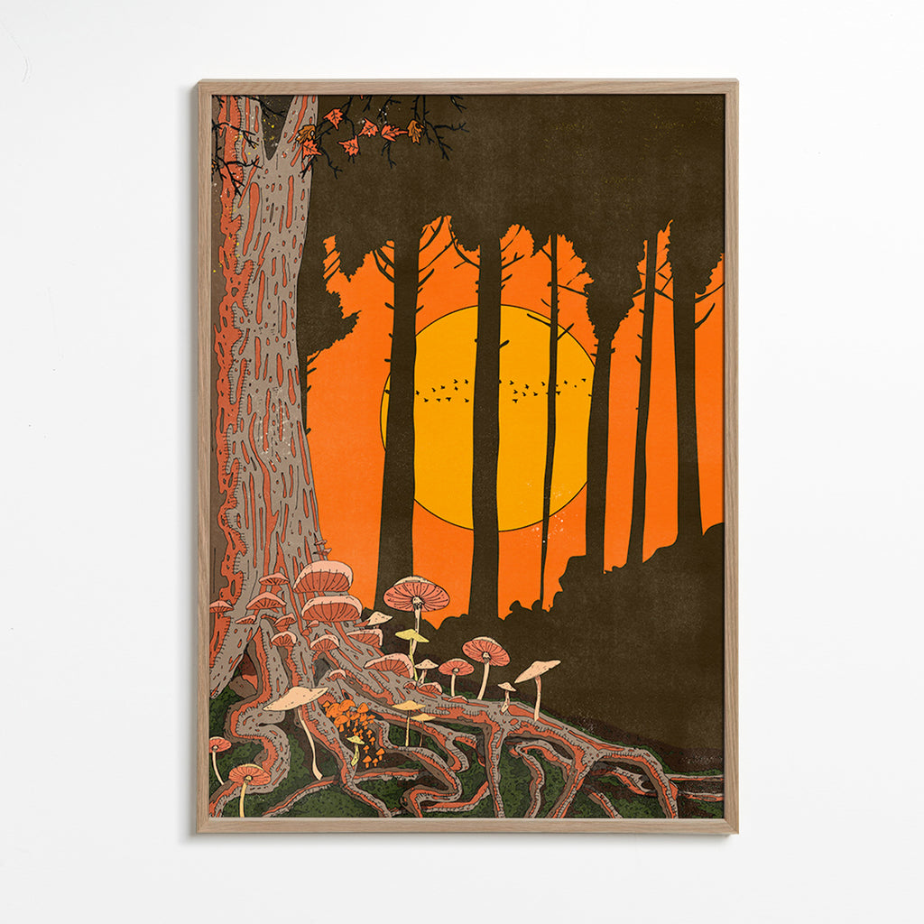 Ilustración de bosque al atardecer con hongos – Oak Frame