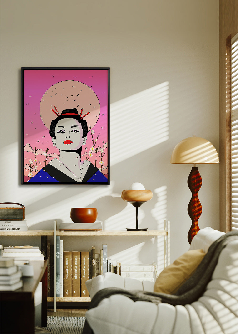 Ilustración de geisha japonesa sobre luna rosa – Canvas2