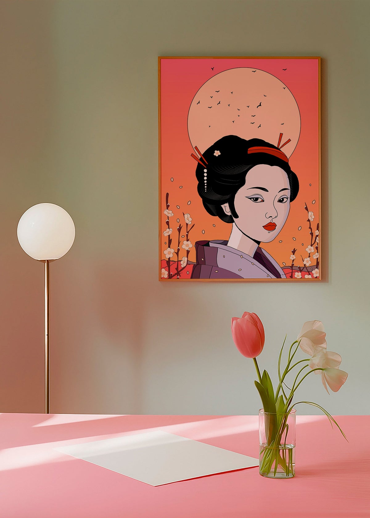 Ilustración geisha en atardecer coral – Product1