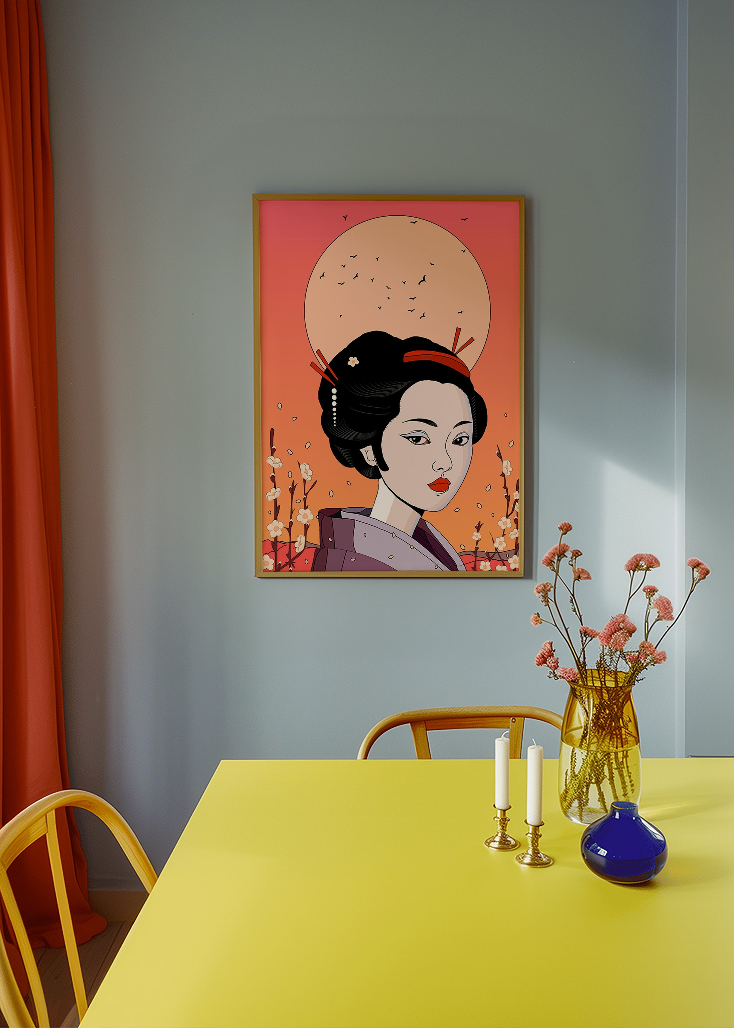 Ilustración geisha en atardecer coral – Product3