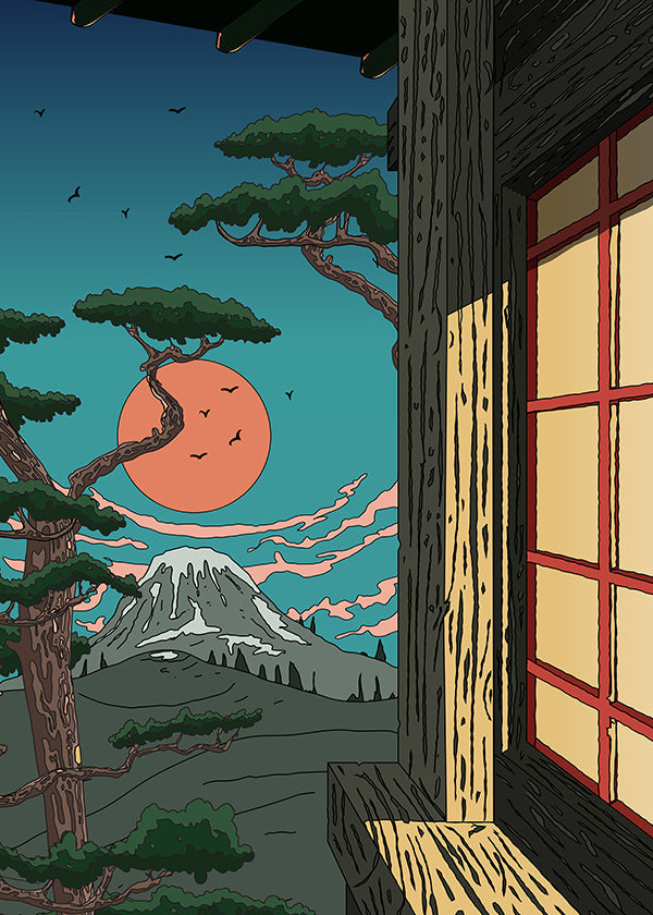 Cuadro de paisaje con pino y monte al atardecer