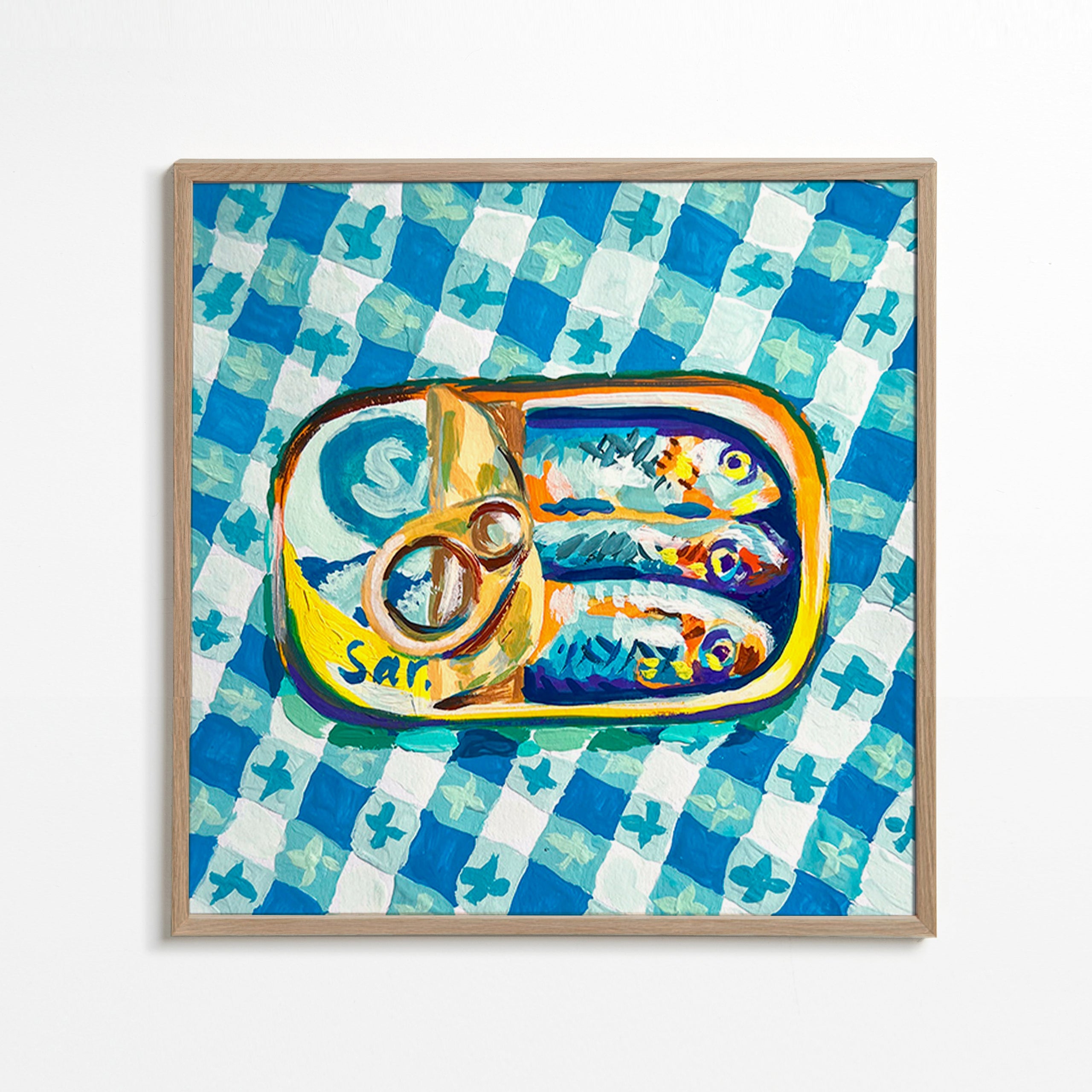 Cuadro de cocina: lata de sardinas sobre mantel a cuadros – Oak Frame