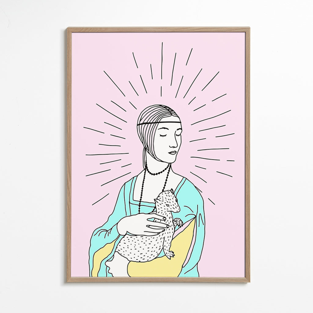 Ilustración: dama con armiño y fondo rosa – Oak Frame