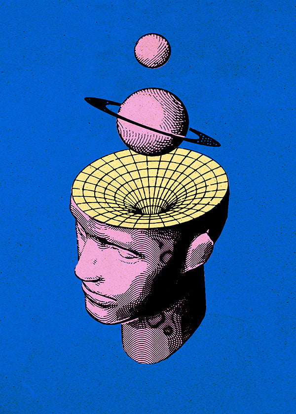 Ilustración surrealista de busto con planetas