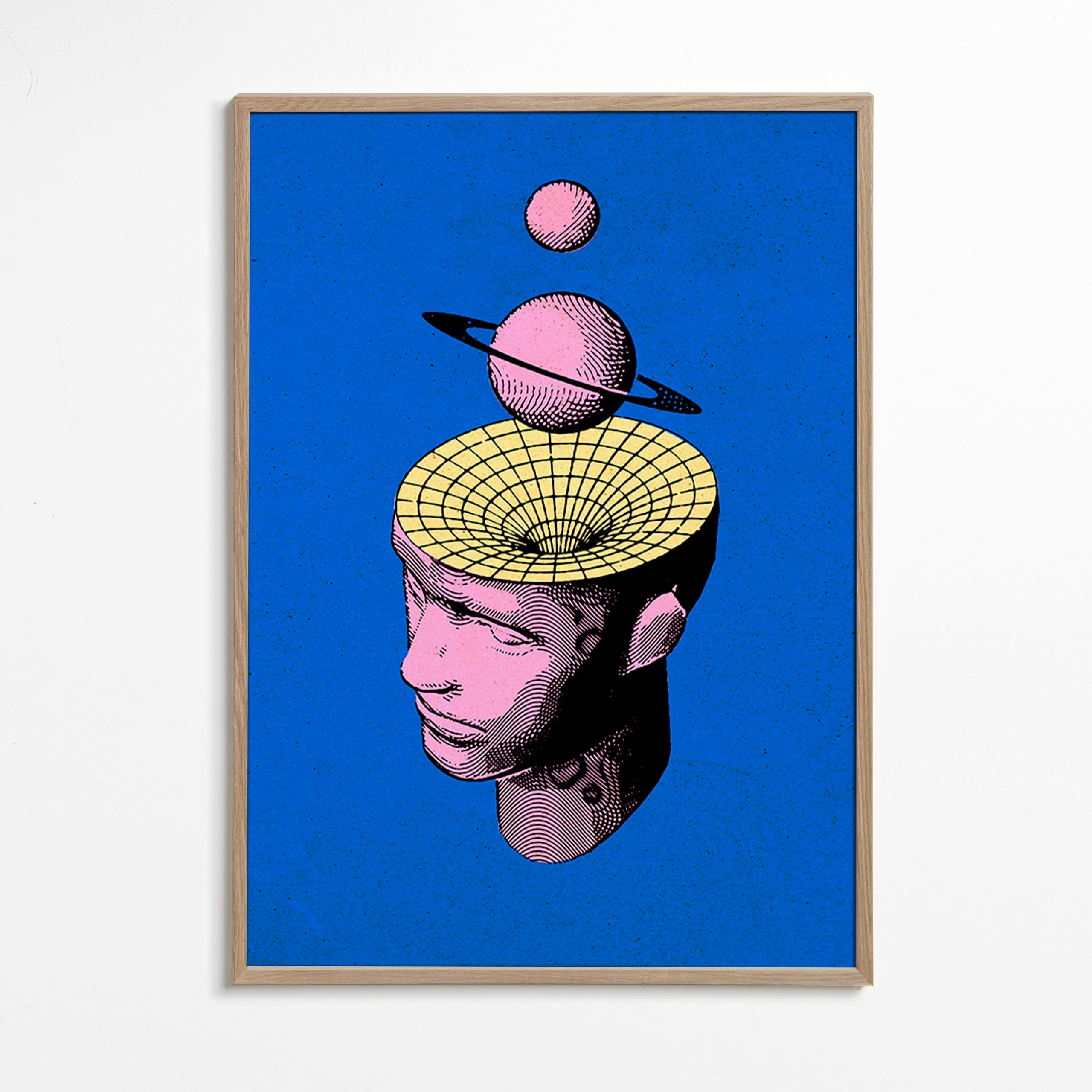 Ilustración surrealista de busto con planetas – Oak Frame