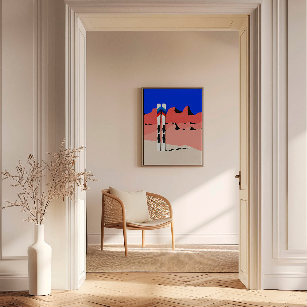 Cuadro deportivo con esquís sobre paisaje geométrico – Canvas1