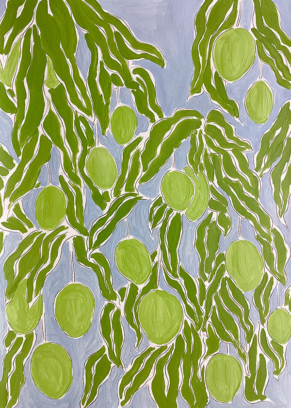 Cuadro de cocina con mangos y hojas colgantes