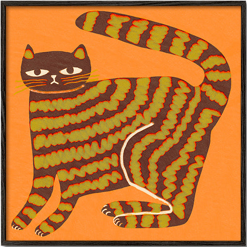 Cuadro gato rayado sobre fondo naranja – Black Frame