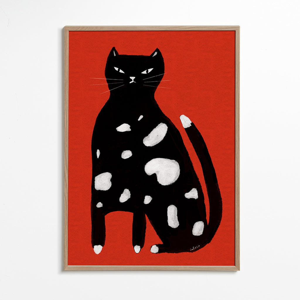 Cuadro gato salpicado sobre fondo rojo – Oak Frame