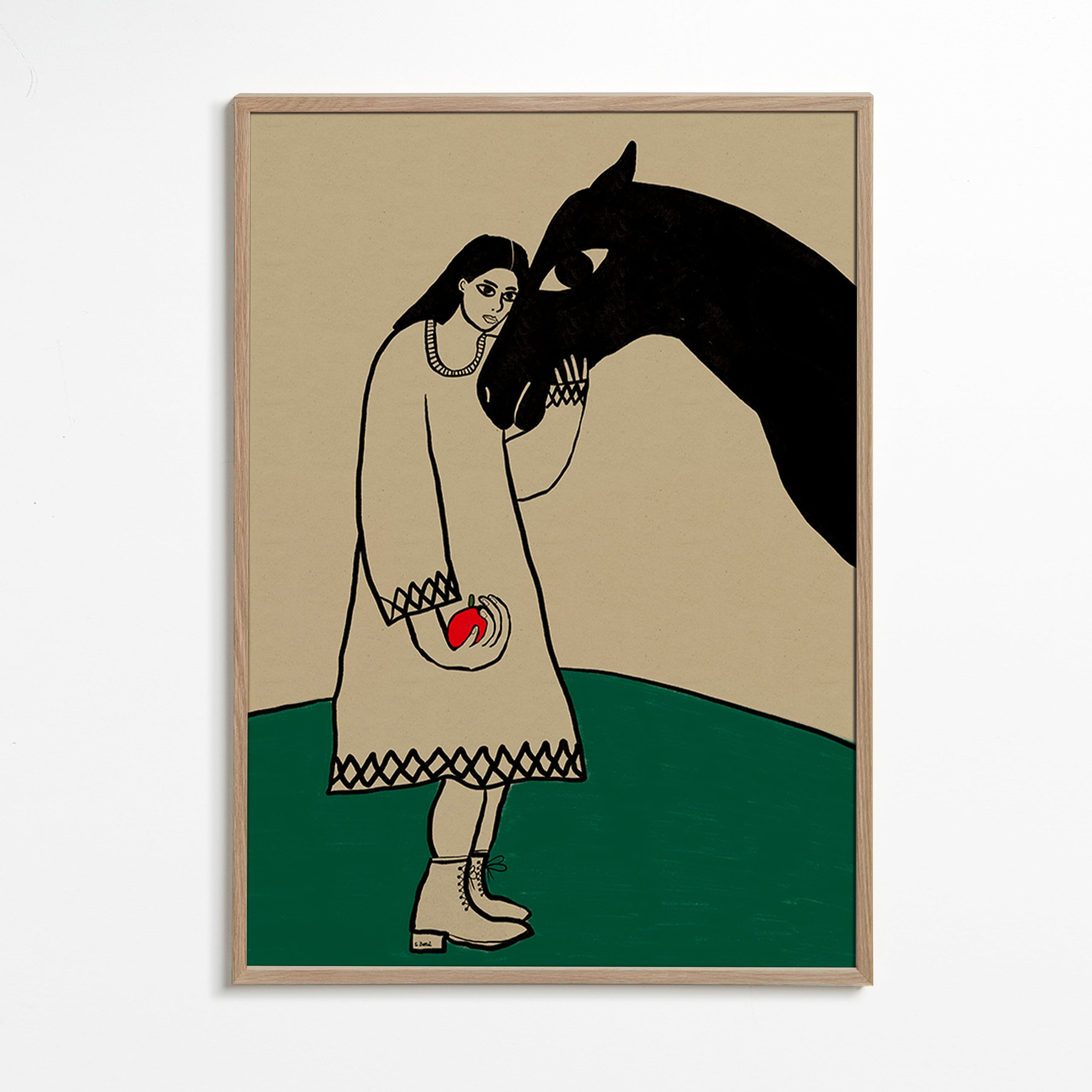 Cuadro de caballo con figura femenina y manzana – Oak Frame