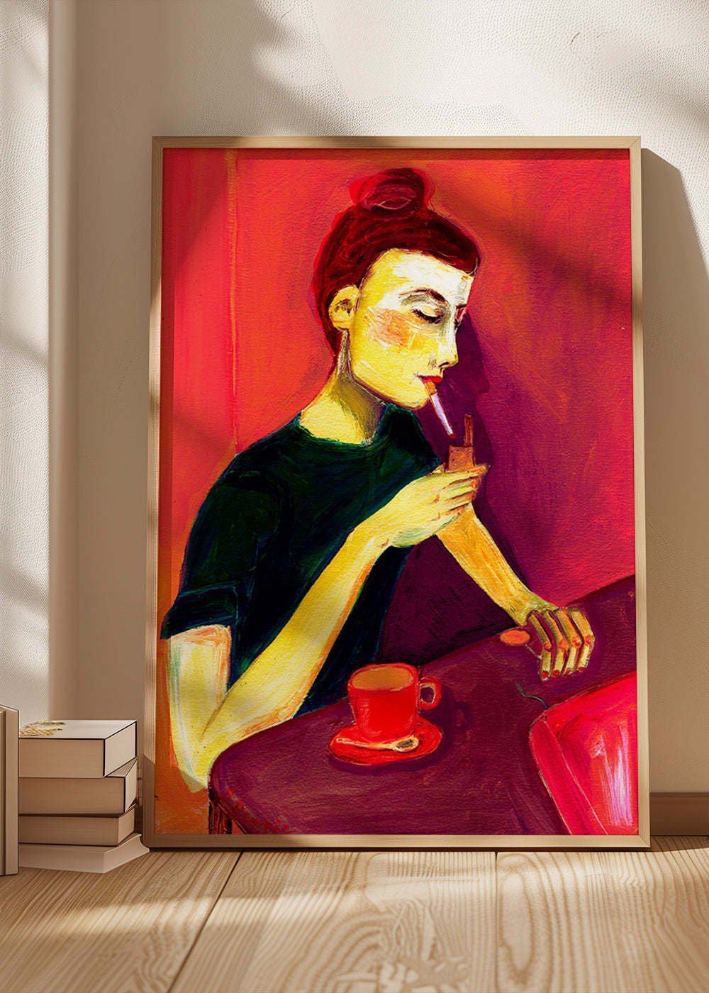Ilustración de mujer fumando con taza roja – Product3