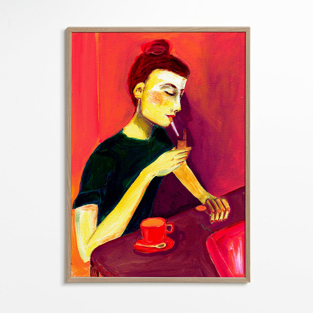 Ilustración de mujer fumando con taza roja – Oak Frame