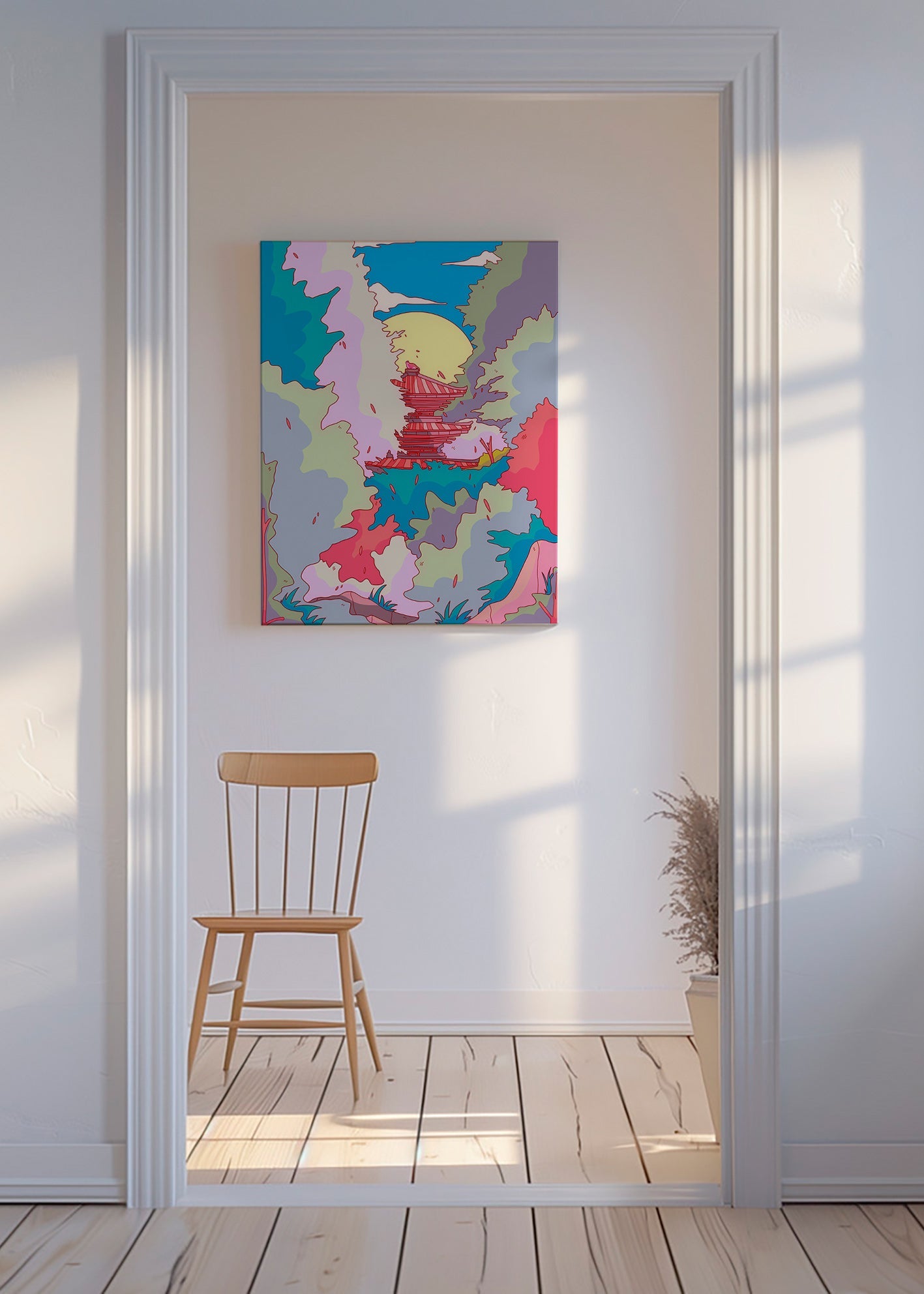 Ilustración de templo japonés en colores vibrantes – Canvas