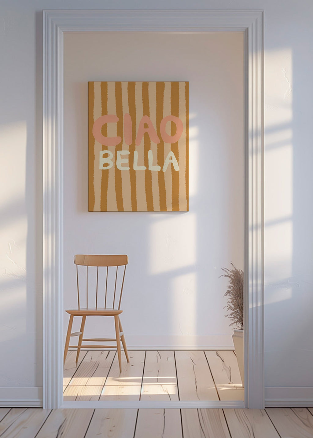 Ilustración Ciao Bella con tipografía y rayas tostadas – Canvas