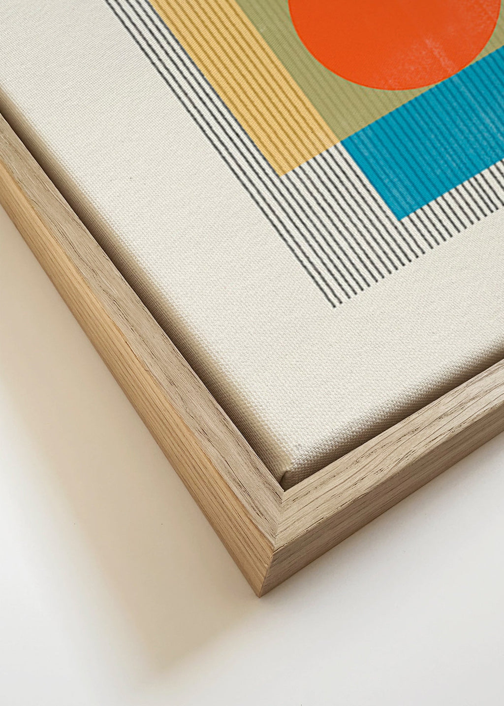 Cuadro geométrico con círculo central y cuadrados superpuestos – Canvas detail