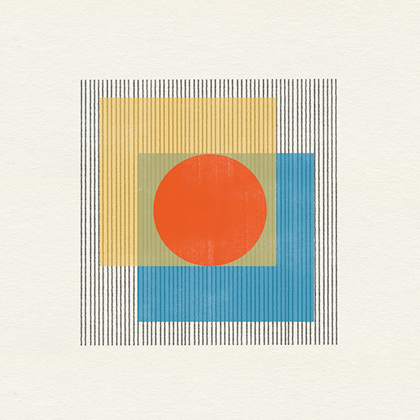 Cuadro geométrico con círculo central y cuadrados superpuestos