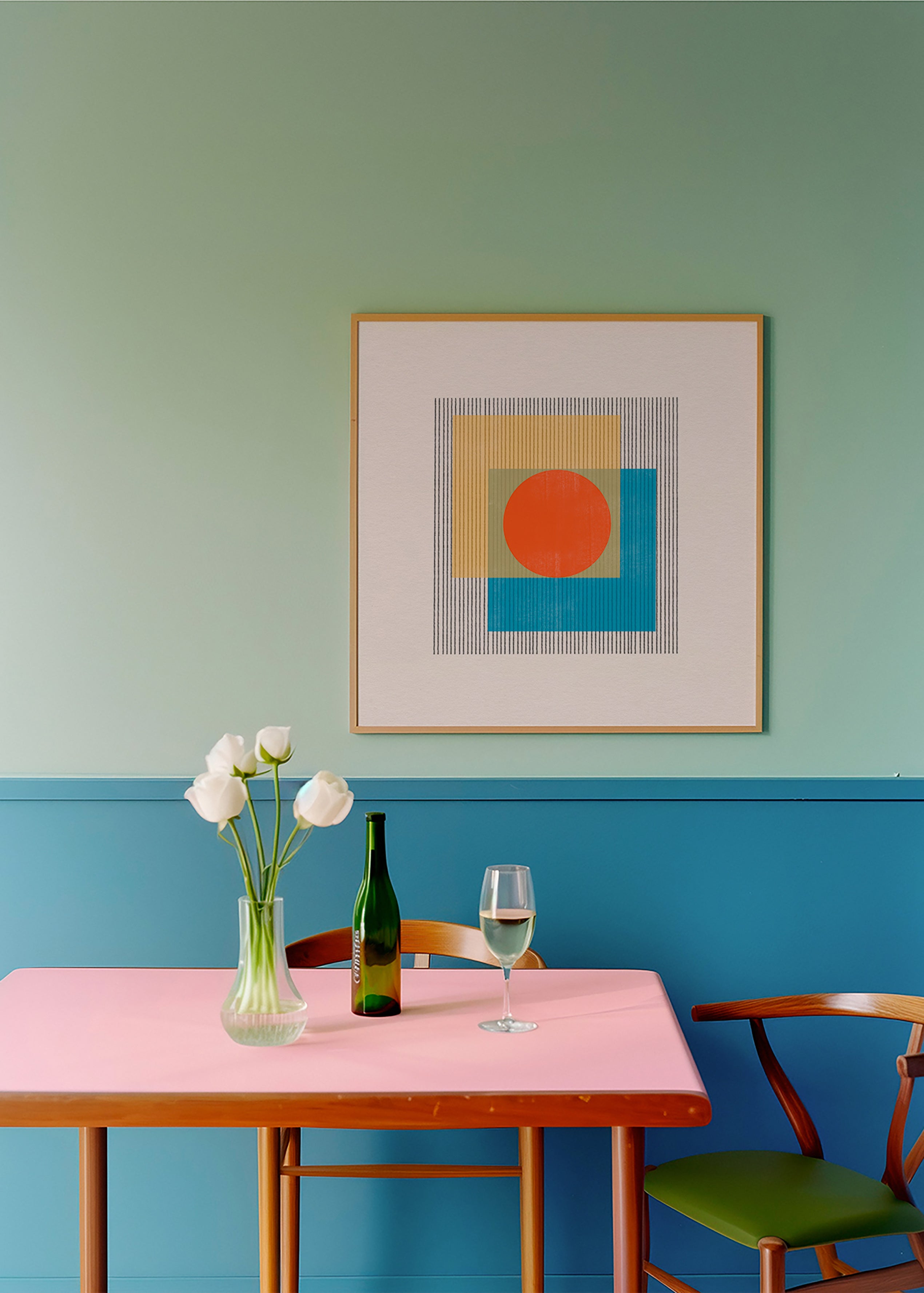 Cuadro geométrico con círculo central y cuadrados superpuestos – Product2