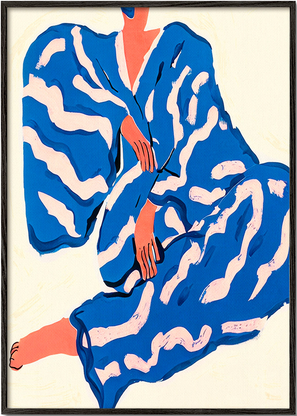 Ilustración de figura con bata azul y motivos orgánicos – Black Frame