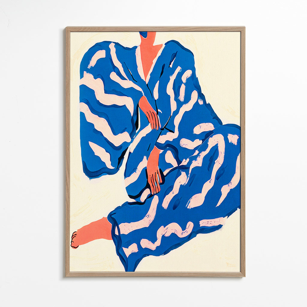 Ilustración de figura con bata azul y motivos orgánicos – Oak Frame