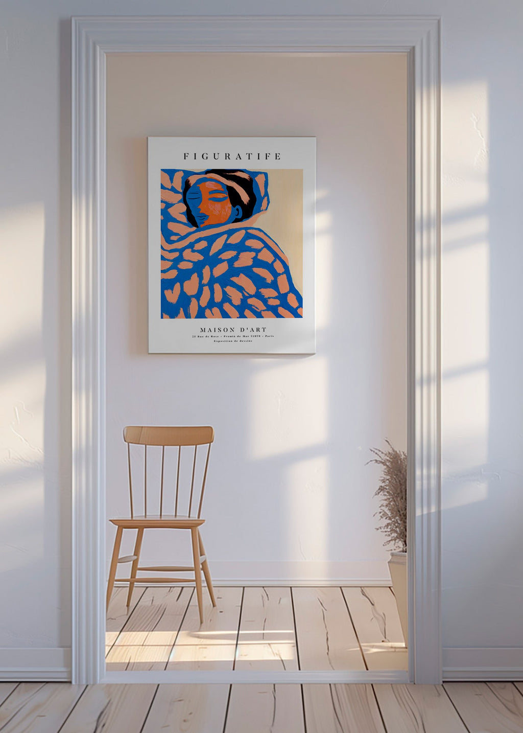 Ilustración figurativa en tonos coral y azul – Canvas