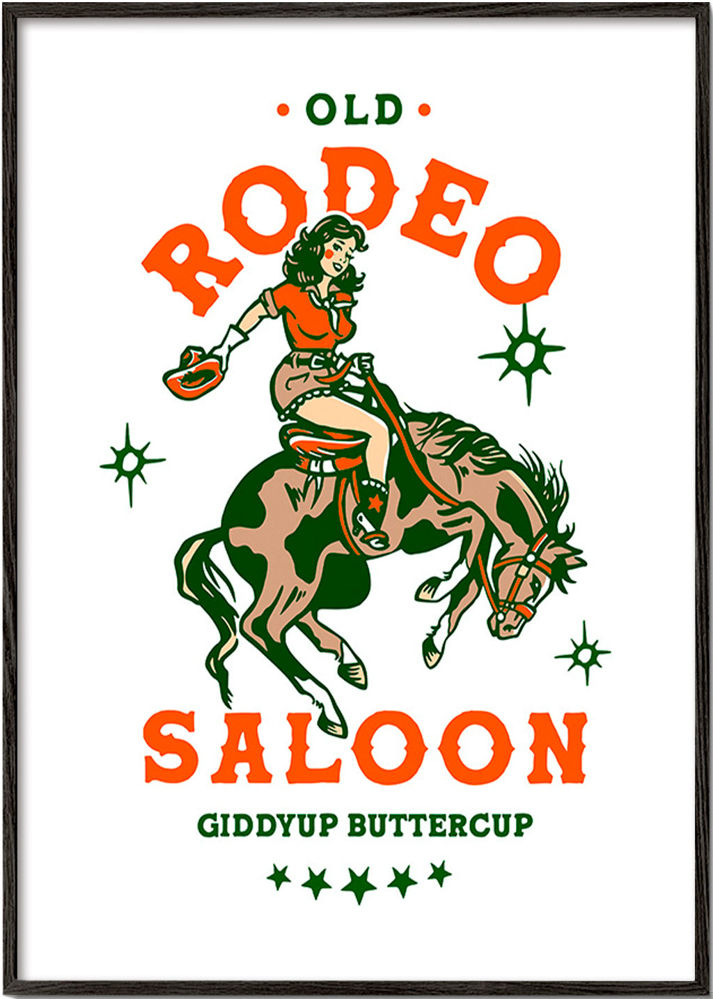 Cuadro vintage: rodeo con vaquera ilustrada – Black Frame