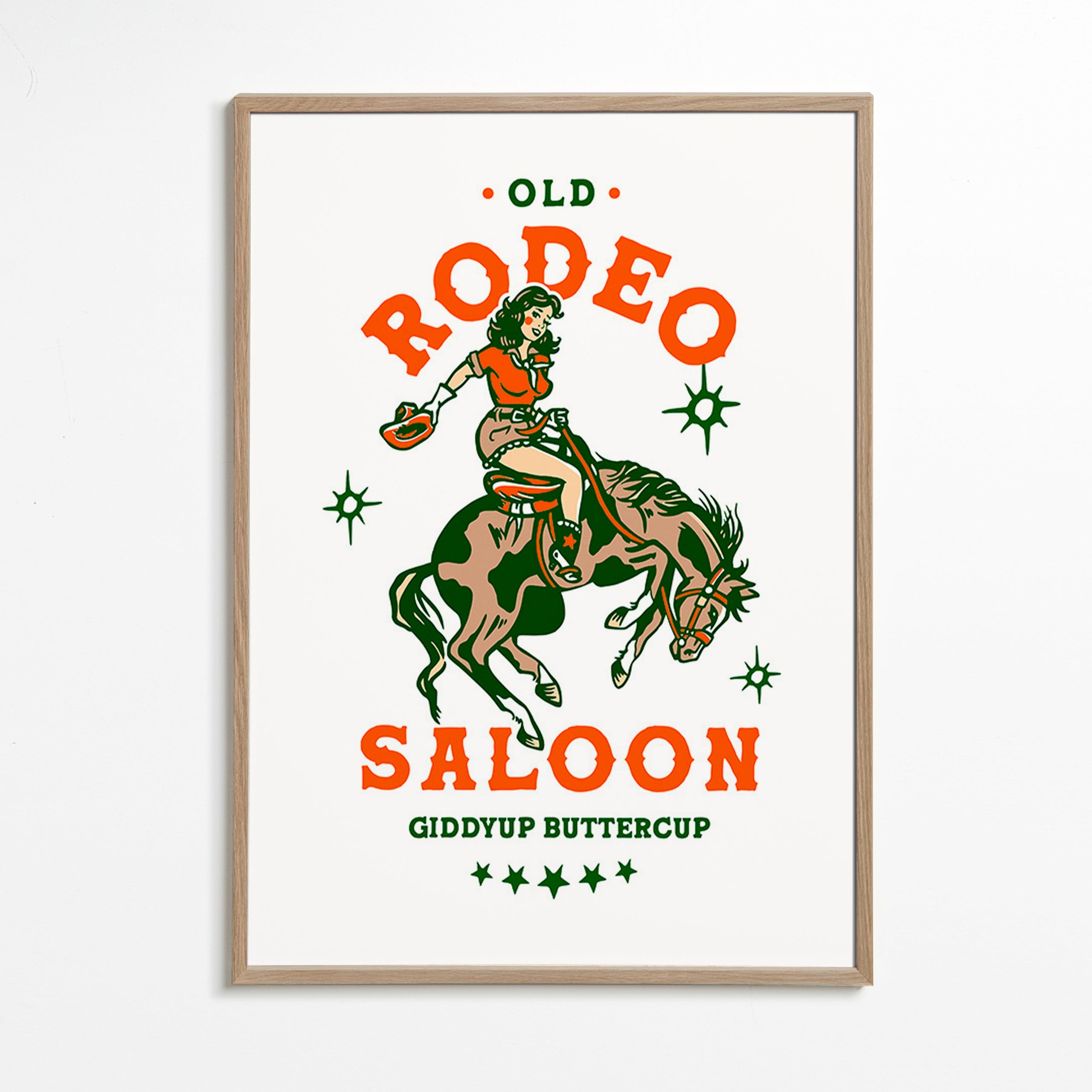 Cuadro vintage: rodeo con vaquera ilustrada – Oak Frame