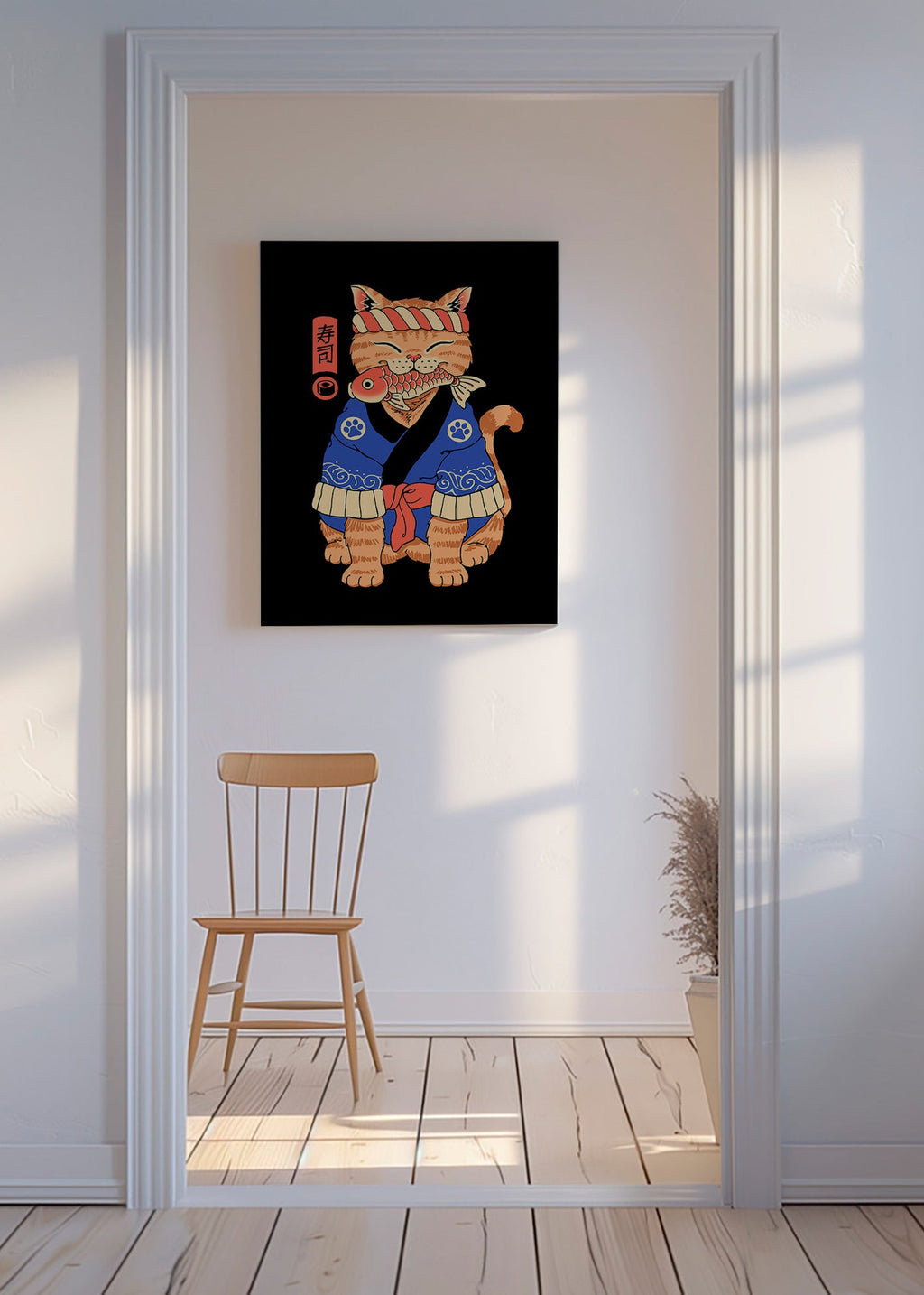 Cuadro gato ilustrado japonés con pez – Canvas