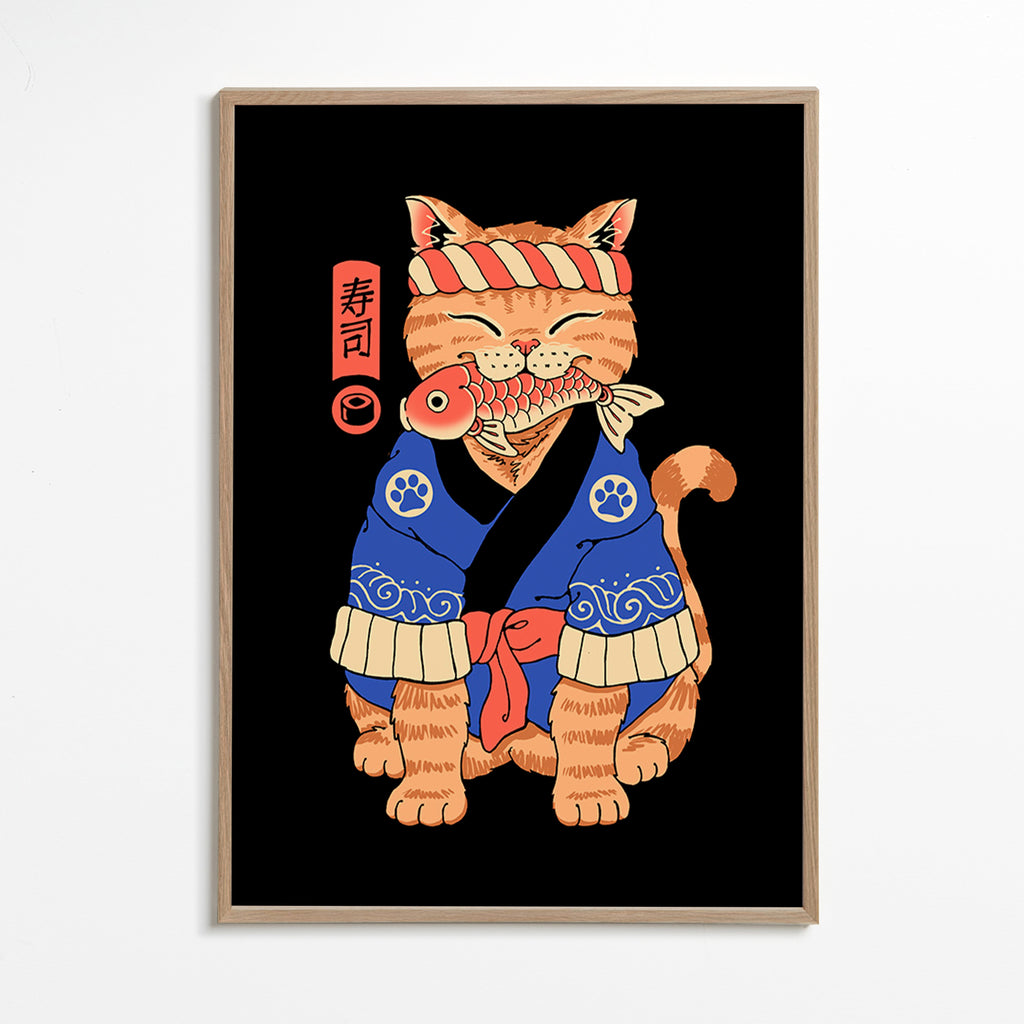 Cuadro gato ilustrado japonés con pez – Oak Frame